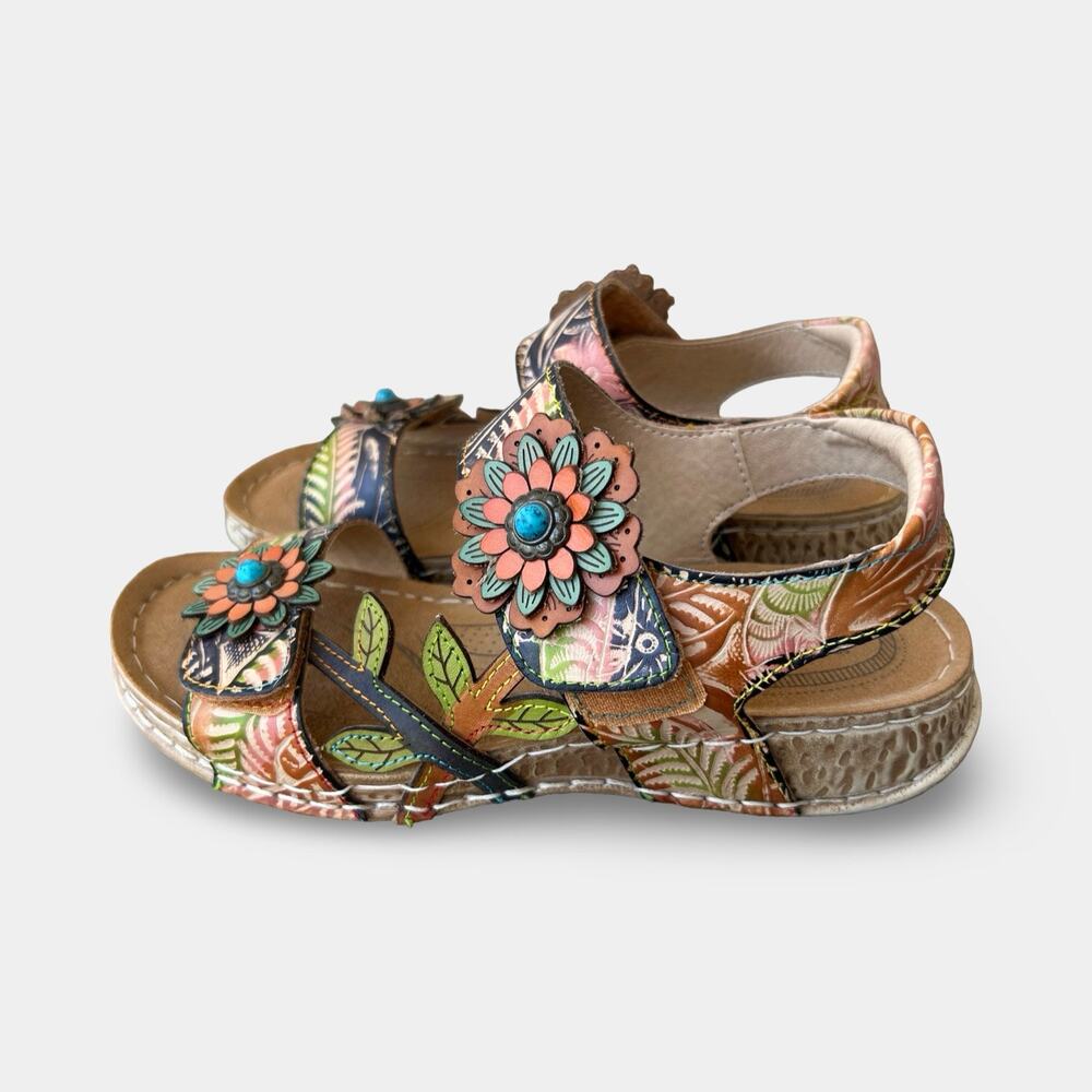 L’Artiste by Spring Step Moira Brown Floral Leather Sandals Women’s 37 NEW Boho